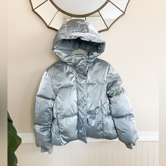 Gap Kids Girls Light Blue Metallic Shiny Puffer Coat Size Small - Picture 1 of 10